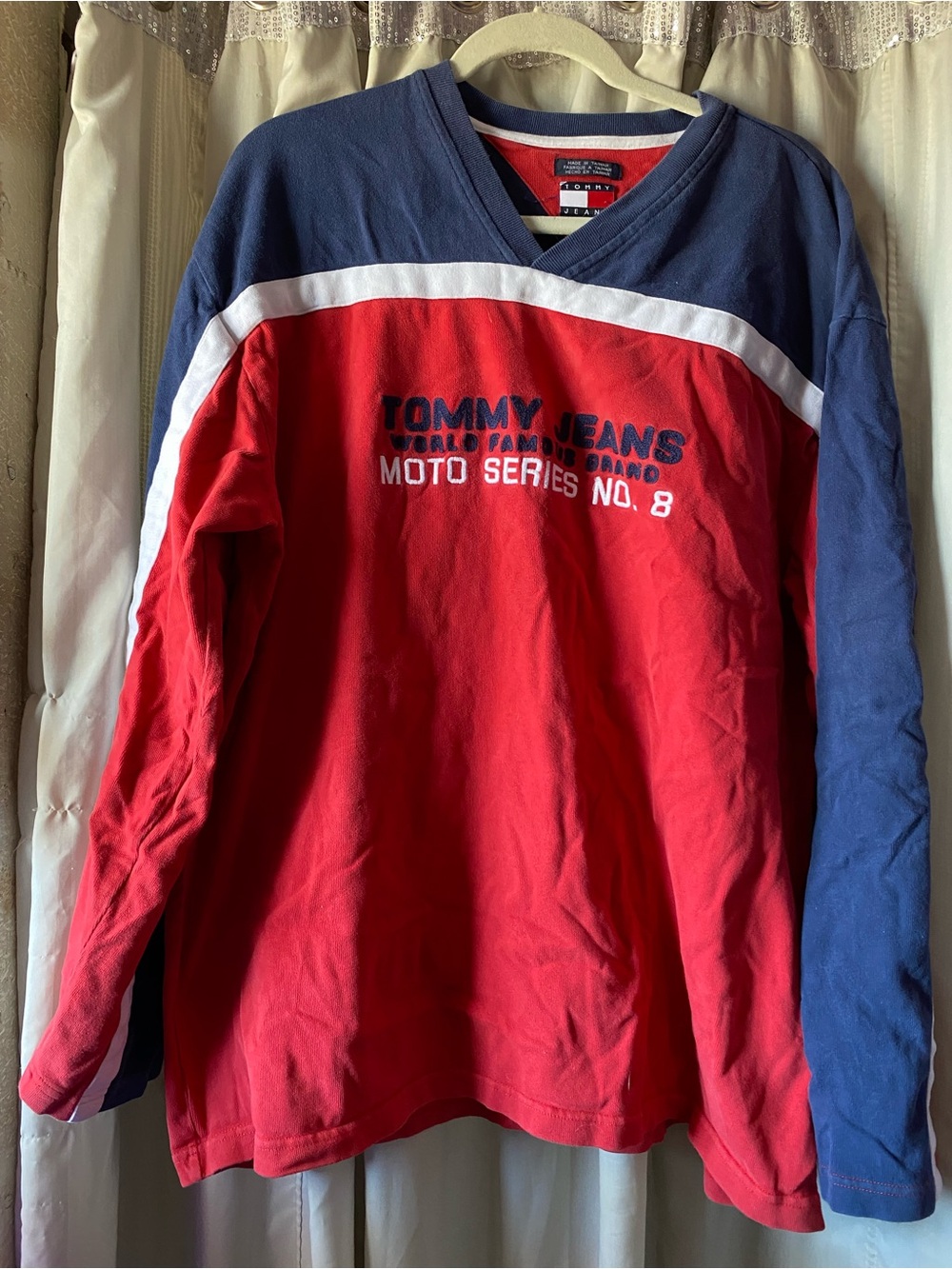 VTG Tommy Hilfiger men’s  Red, Navy & White Moto Series Pullover Sweatshirt